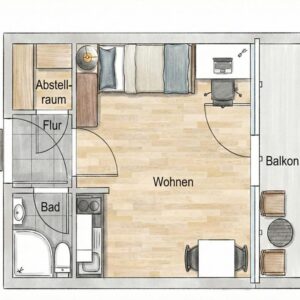 Helle u.ruhige 1 Zi. Studio-Whg m. Balkon-Loggia, Stellpl. u. Abstellr. Mannnheim-Neckarau/Almenhof