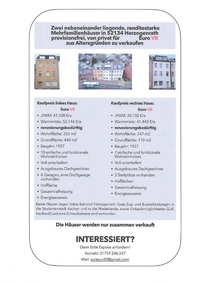 renditestarkes MFH in 52134 Herzogenrath, aus Altersgründen, provisionsfrei, von privat